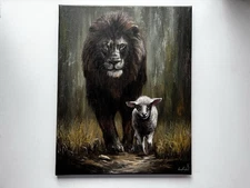 Lion and Lamb Oil Painting. Peace and Strength Original Wildlife Original Art