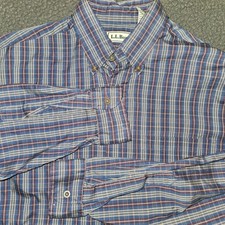 Vintage 90's LL Bean Men's Blue Plaid Medium M Button Up Long Sleeve Shirt