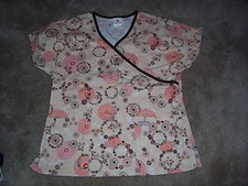 PEACHES Brown Circle Design Uniform Scrub Top Size Small