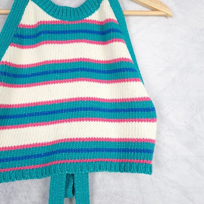 値下げ❣️TENTIAL MIGARU Light Knit Ladies Zara Top Womens Medium White Teal Striped Cropped Knit