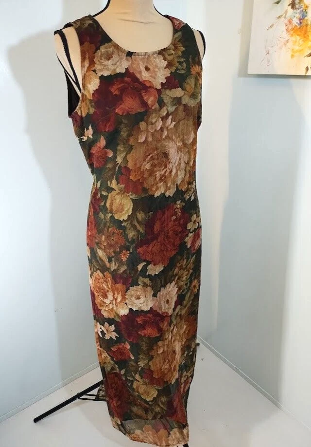 VETEMENTS Abito Dawn Joy Fashions taglia 10 floreale senza maniche foderato vita lunga cravatta trasparente