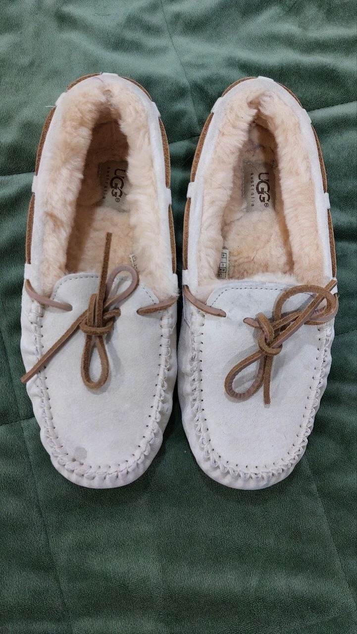 UGG Dakota Ciabatte Moc Donna Doppio Fiocco Taglia 8 Beige Scamosciato Pelle di Pecora