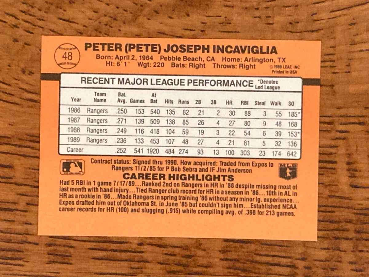 Donruss 1990 Baseball Card - Pete Incaviglia #48 Rangers - Error