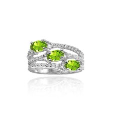 Sterling Silver Peridot and White Topaz Oval Three Stone Ring