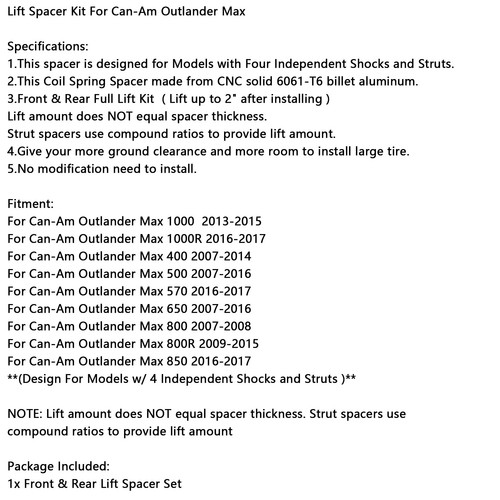 Lift Spacer Kit For Can-Am Outlander Max 1000/1000R/400/500/650/800/850 BLK U1 - Picture 13 of 13