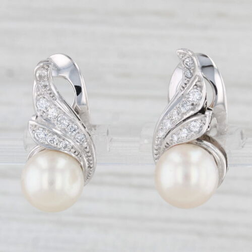 Cultured Pearl 0.30ctw Diamond Drop Clip On Earrings 14k Gold Platinum - Picture 1 of 6