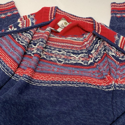 Maglione Tiara Donna Piccolo Full Zip Fair Isle Blu Rosso Cotone Rami Manica Lunga - Foto 6 di 10