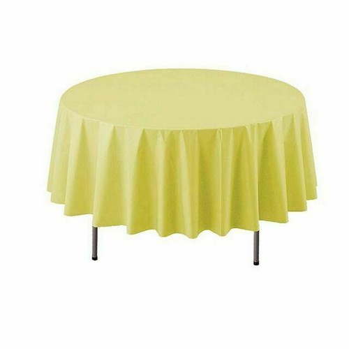 SietDESEO 4-Pack Yellow Gingham Plastic Tablecloths – 84" Round Disposable Waterproof Table Covers For Parties