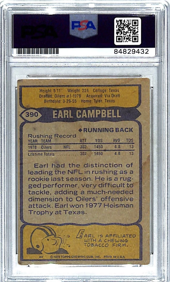 1979 Topps EARL CAMPBELL Signed Auto Oilers Rookie Card #390 PSA/DNA Slabbed - Image 3 of 3