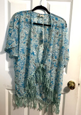 NWT LAGACI Swimsuit cover up KIMONO Blue and white short sleeve FringesONE SIZE