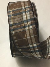 5 yds. BROWN TEAL PLAID WIRE EDGE RIBBON 2 1/2" Wide