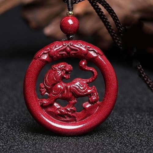 Cinnabar Jade Double Sided Carved Tiger Dragon Pendant Necklace Hand-Carved Gift - Picture 1 of 5