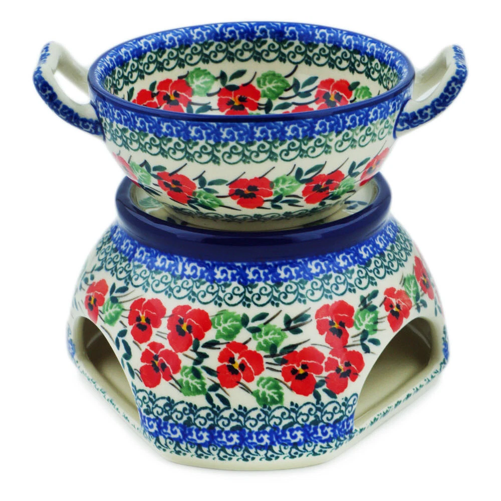 Polish Pottery Set for Fondue Ceramika Artystyczna Red Pansy