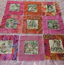 Lot Of 9 OOAK Kaffe Fassett Borders Victorian Children Picture Quilt Blocks 10 B