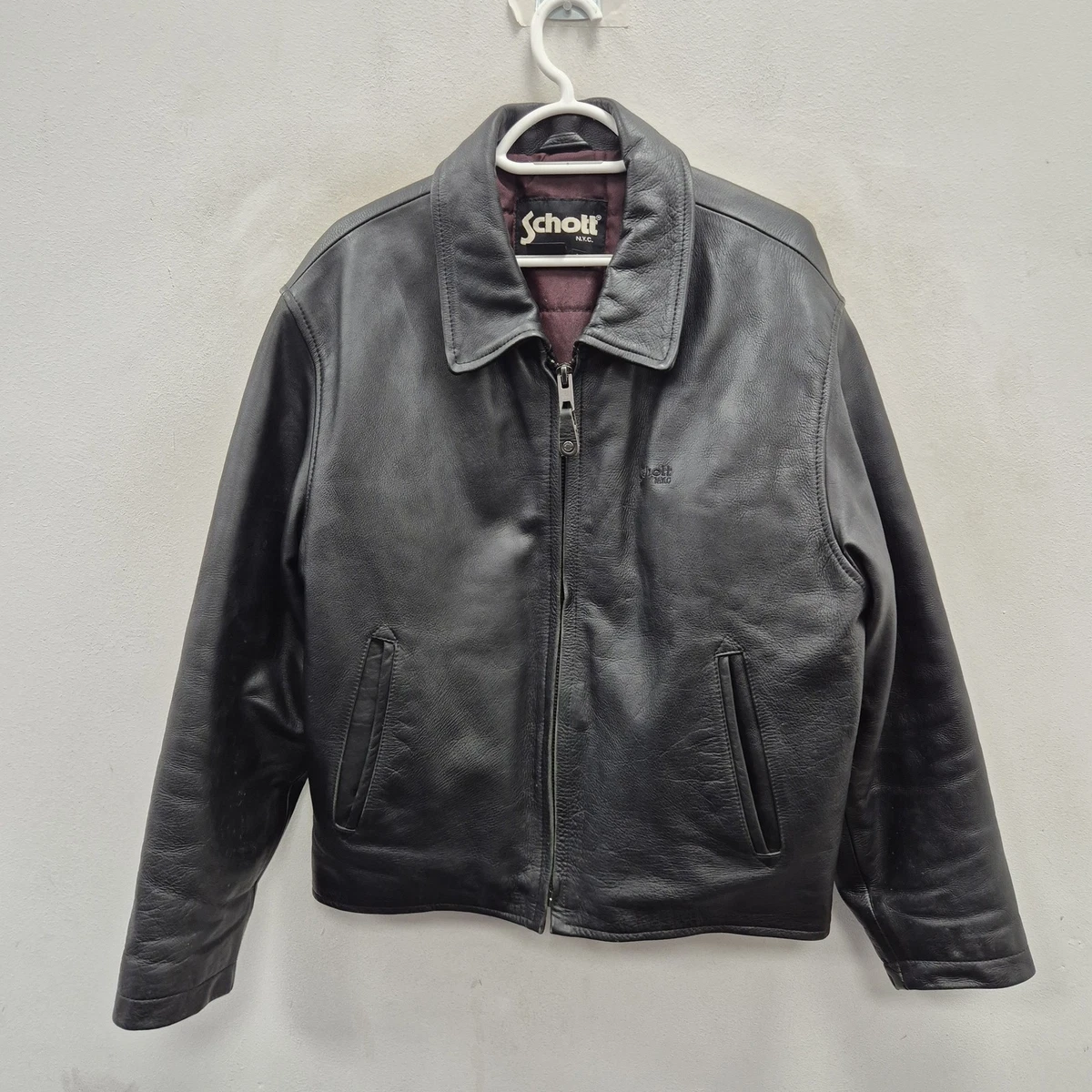Chaqueta Bomber Schott Vintage Cuero Talla M Negra Acolchada Forrada Bolsillos con Cremallera EE. UU.