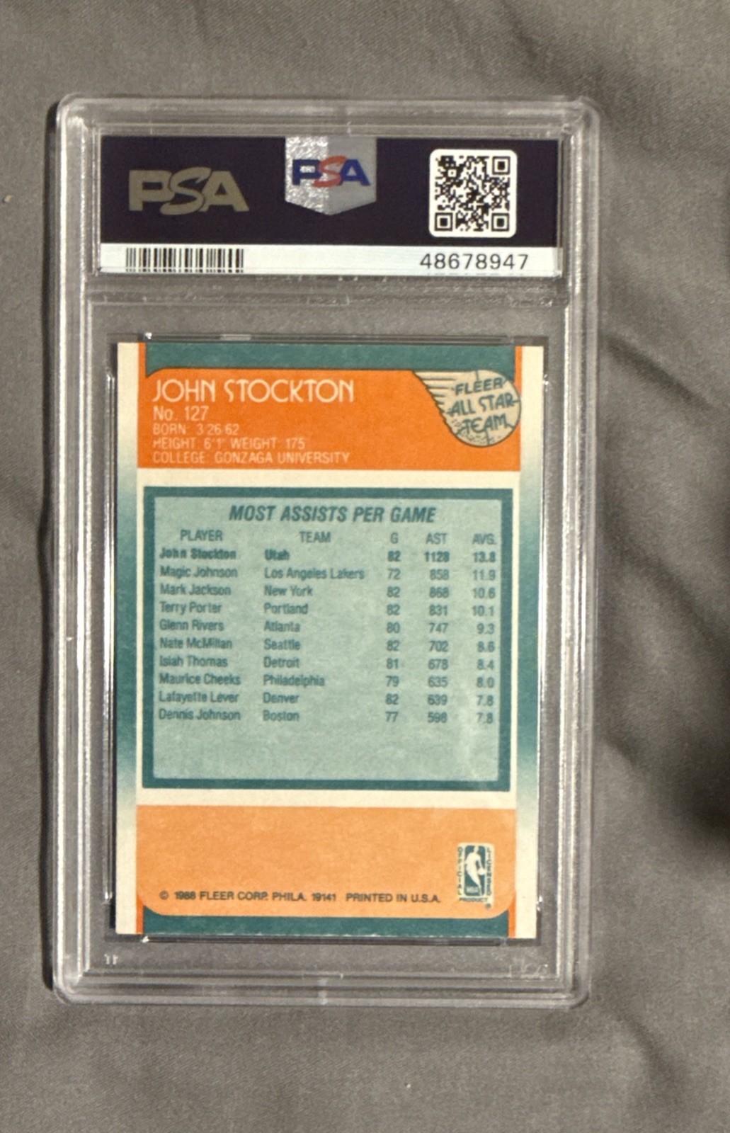 1988 Fleer John Stockton All-Star #127 PSA 9 MINT Utah Jazz Rookie Year Subset view 10