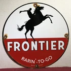 VINTAGE 1930 DATED FRONTIER GAS GASOLINE RARIN’ TO GO PORCELAIN SIGN MOTOR OIL