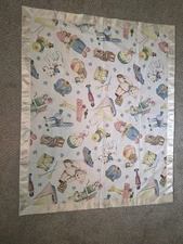 Vintage 1990s Baby Blanket Daisy Kingdom Toy Treasures Allover Print Satin Edges