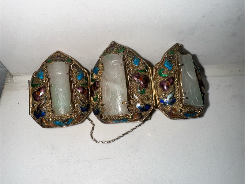 Silver filigree bracelet cloisonné carved nephrite Jade Qing dynasty China