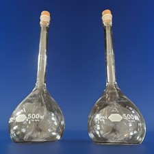 Lot of (2) KIMAX Glass Class A 500mL Volumetric Flasks w/ Cork Stoppers