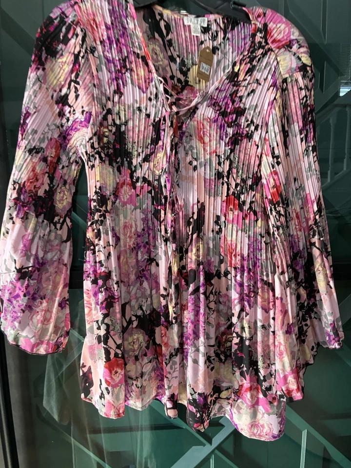Spense розовый многоцветный плиссированные цветочный крестьянин блузка размер M - Изображение 2 из 4