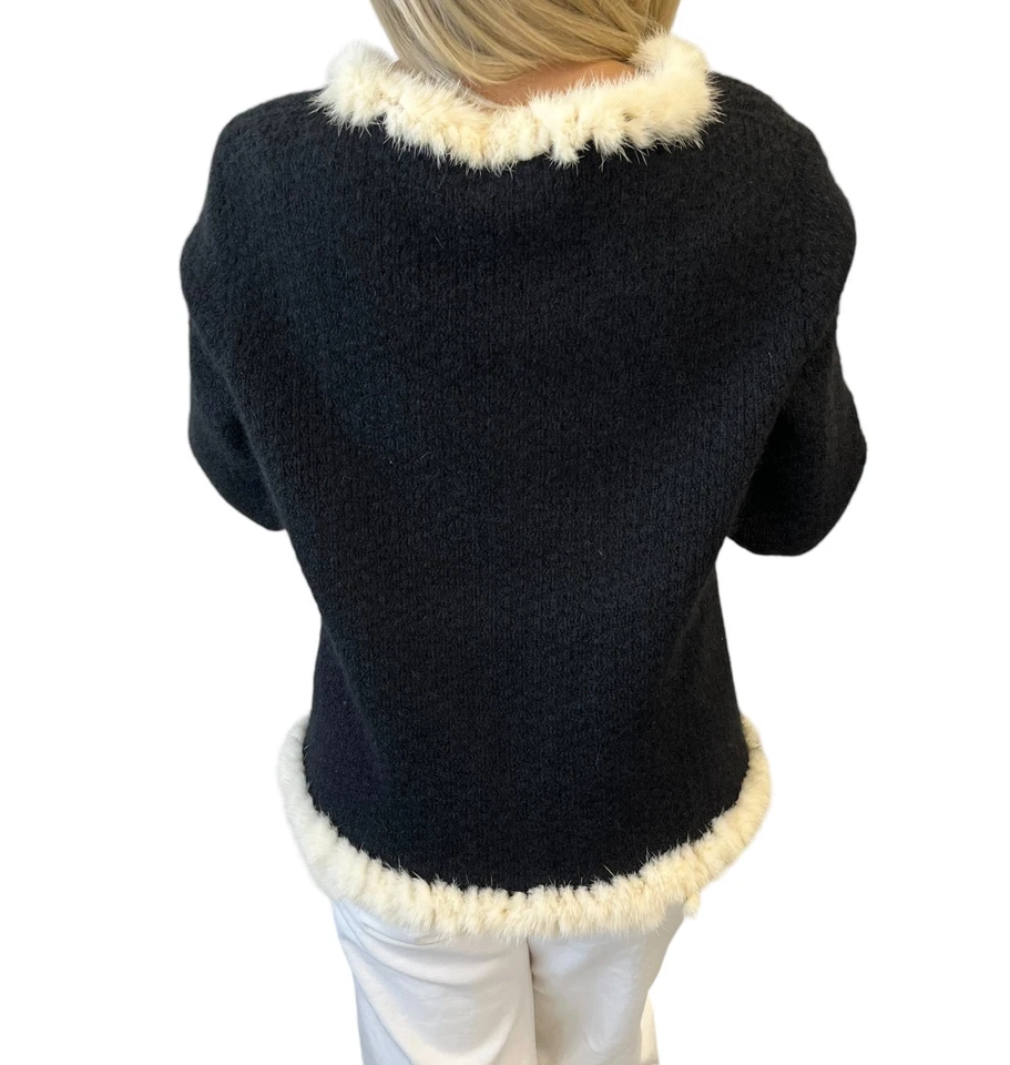 Chaqueta CHANEL Vintage 03A CC Logo Mohair Tejida Piel Bolsillo Botón #38 Negro Crema Foto 4 de 4