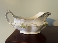 Antique Alfred Meakin England Windermere Gravy Boat Green Rose Vine Gold Trim