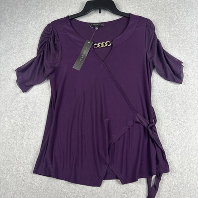 Atelier 29 Shirt Womens S Purple Scrunch Sleeve Side Tie Stretch Career Top NWT