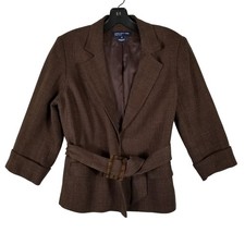 Jones New York Signature Brown Linen Blend Belted Blazer Jacket Womens Size M
