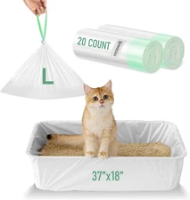 Cat Litter Box Liners Large - 20 Count 37" x 18" Jumbo Litter Bags with Drawstri