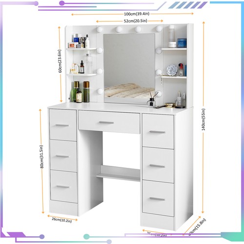 Modern Dresser Desk with 7 Drawers and Shelves 10 LED Lighted Mirror UK - Picture 9 of 9
