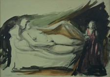 Pedro CREIXAMS ancien dessin portrait jeune Femme nue oriental au sofa Maroc
