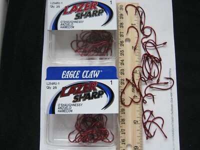 50 Eagle claw O'Shaughnessy Hooks size 1 red. 2 boxes of 25