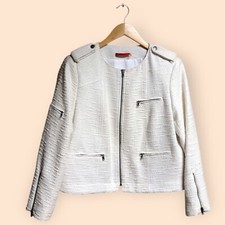 Alice  Olivia Cam White Tweed Zipper Biker Moto Jacket Designer Women  s Large