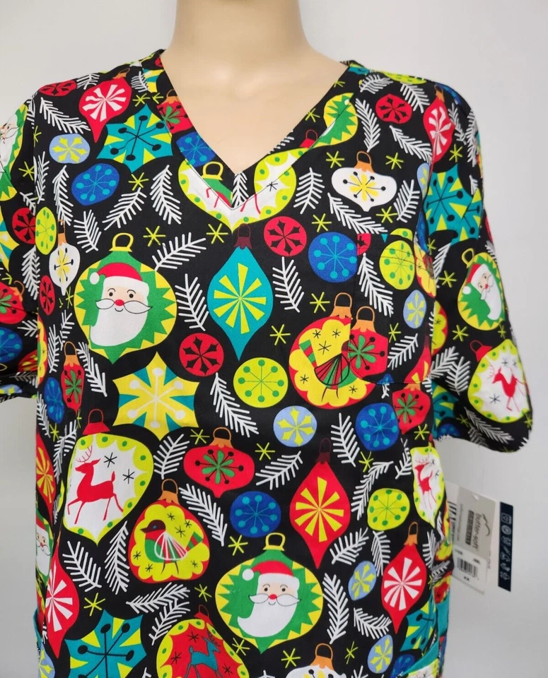 Womens Scrub Top Butter-Soft by UA Cotton Blend Christmas Ornaments 3 Pocket - Image 2 of 4