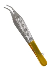1 Ea | Adson Dressing Forceps 12cm Serrated Curved Tips, w/ Handle Holes - Gold