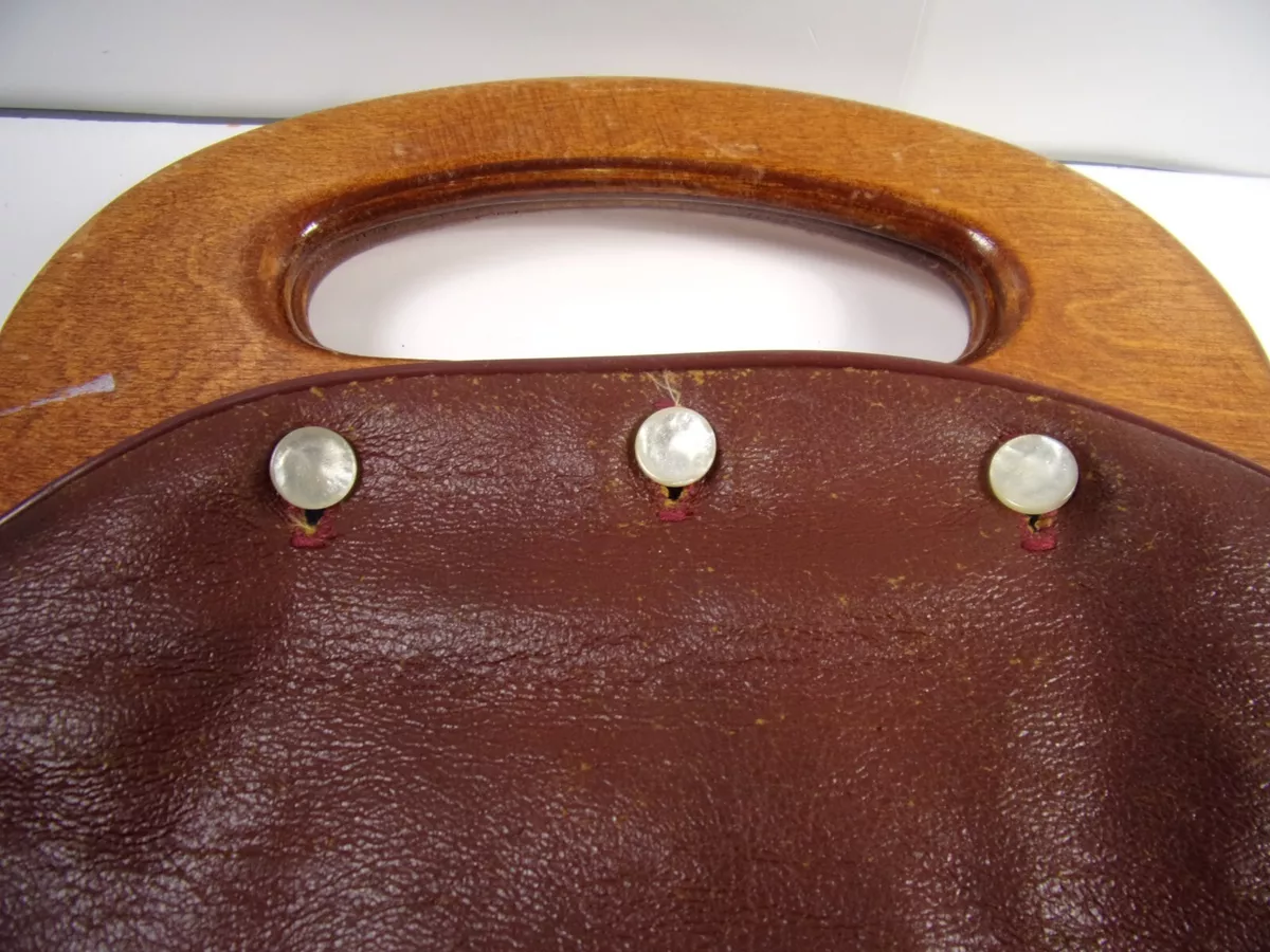 VINTAGE REVERSIBLE BUTTON BAG PURSE WOOD HANDLE HAS WARE