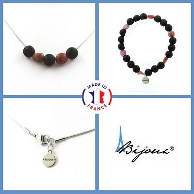 Schmuckset Armband Halskette Lavaperlen 8 mm + Rubin aus Brasilien. Perso Size