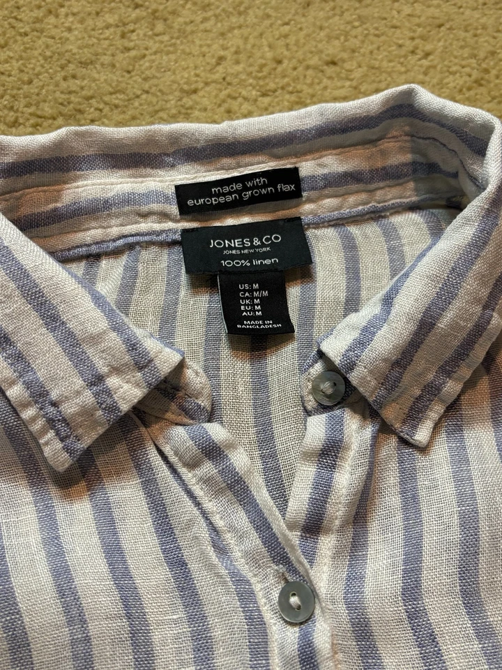 Blusa Jones & Co 100% Lino Cultivada Europea Lino Azul Rayas Relajada Abotonada M Foto 4 de 4