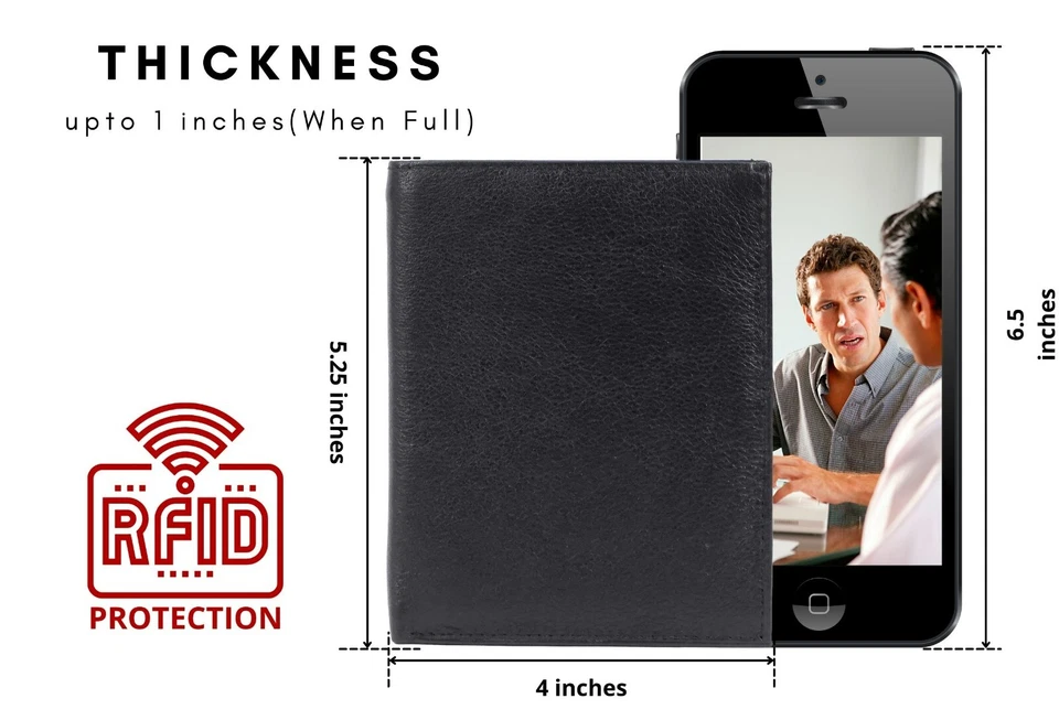 Cartera para hombre europea de cuero de vaca triple pliegue para hombre 2 ranuras para tarjetas ID-20 negra Foto 4 de 4