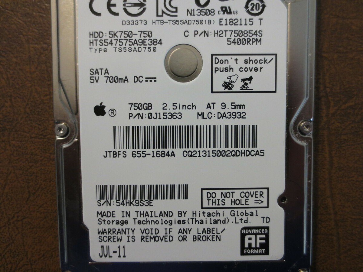 Hitachi HTS547575A9E384 PN:0J15363 MLC:DA3932 Apple#655-1684A 