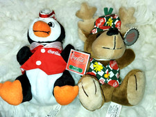 Vintage Reindeer Coca Cola Penguin 8in beanbag toys with Coke bottle with Tags