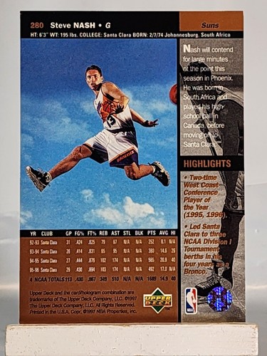 Steve Nash 1997 Upper Deck novato no. 280 RC - Imagen 2 de 2