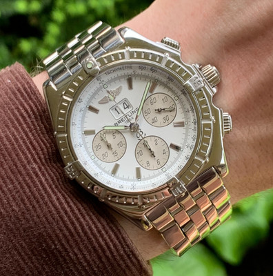 Breitling Crosswind Big Date A44355 43mm White Dial Chronograph Watch Box Papers