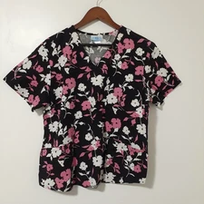 SB Scrubs Floral Print Scrub Top Size Large V-Neck Pockets