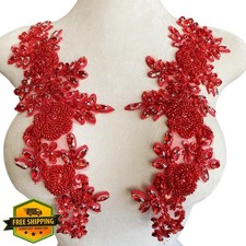 Jpumley Handmade Rhinestone Lace Applique: Red, 6x14" Sewing Trim, Wedding