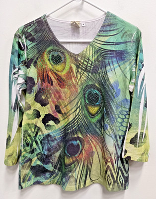 Jess & Jane Wearable Art Top Womens Small Peacock Feather Rhinestone 3/4 Sleeve