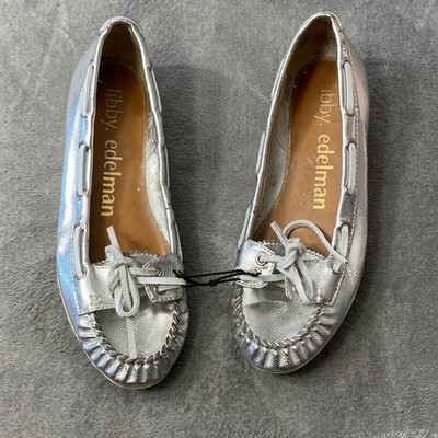 Libby Edelman Boat Loafers Womens 7.5 Silver Metallic Moc Toe Lace Up Low Wedge