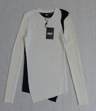 DKNY Women's XS M Asymmetric Stretch Ribbed Knit Pullover Sweater Ivory Black