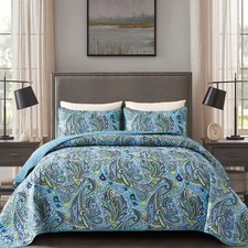 Teal Paisley Quilt Set Queen Size Boho Bedspread Set 3 Pieces, Soft Lightweight